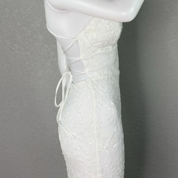 Lovesome Lace-Up Sequin Slip Dress Gown Prom Homecoming Wedding White Sz S - Picture 6 of 11